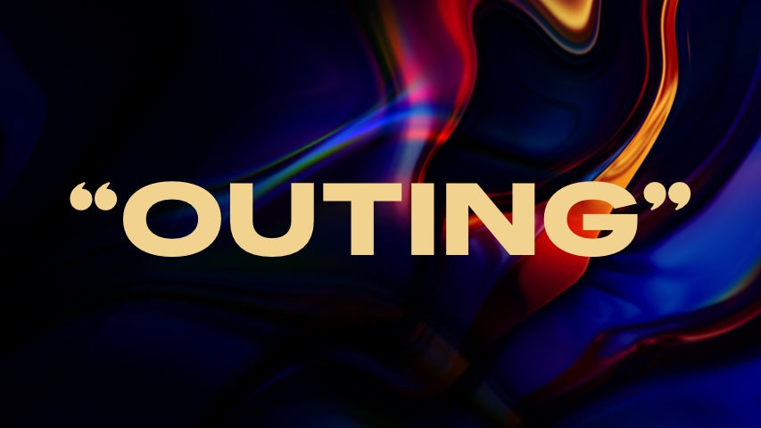 The text “OUTING” in front of a warm lit wavy background.