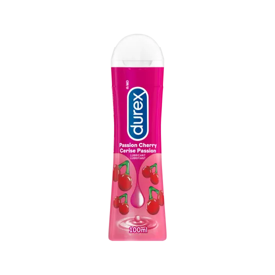 Lubrifiant Durex mangeable aromatisé à la cerise dans une bouteille rose de 100 ml.