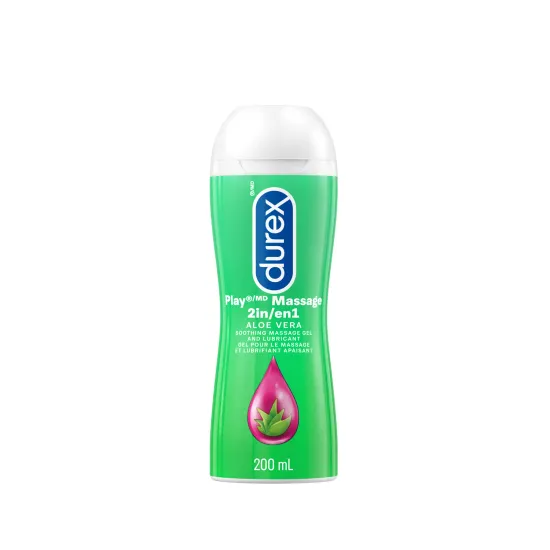 Devant d’une bouteille de lubrifiant Durex Play Massage 2 en 1 Aloe Vera.