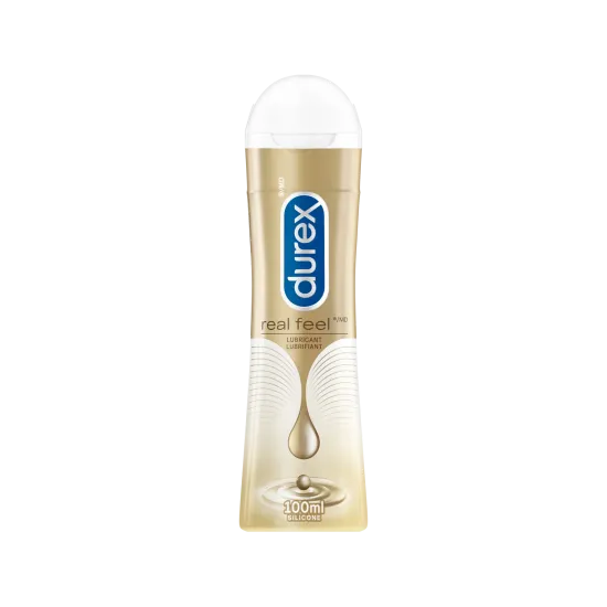 Une bouteille de lubrifiant intime Durex Real Feel.