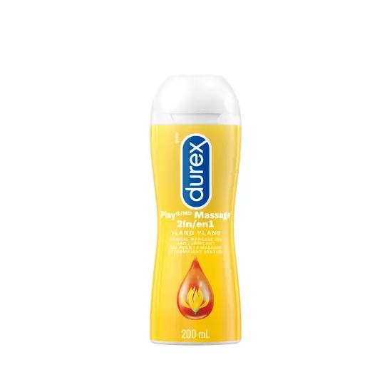 Durex massage lube with Ylang Ylang in a yellow bottle.