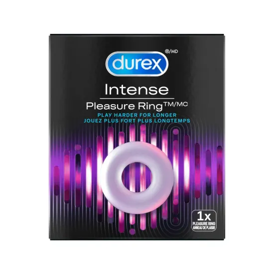 Durex cock ring in purple and black packaging. /FR Anneau pénien Durex dans un emballage noir et violet.